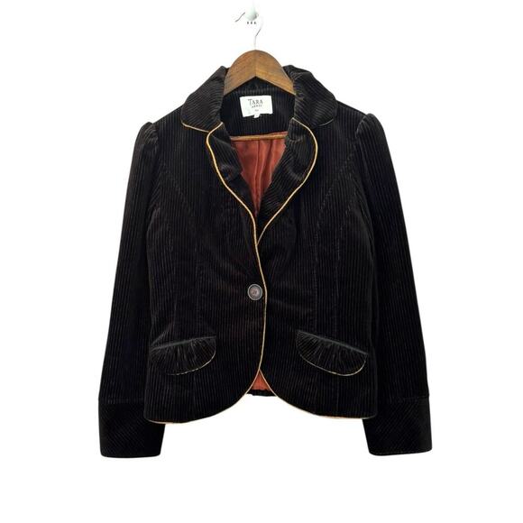 Tara Jarmon Paris Velvet Corduroy Blazer Jacket Black Size 4 Contrast Trim Lined - Picture 1 of 5
